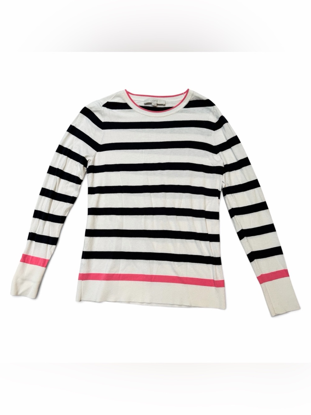 LOFT Black, White & Pink Striped Crewneck Sweater
